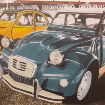 Painting titled "2CV en bleu et jaune" by Laurence Delmotte-Berreby, Original Artwork, Acrylic