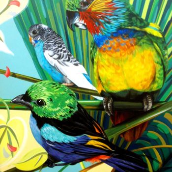 Painting titled "3 EXOTIC BIRDS" by Laurence Delmotte-Berreby, Original Artwork, Acrylic