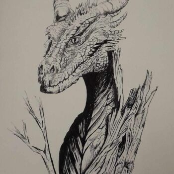 Dessin intitulée "Dragon de bois" par Laurence Dufour, Œuvre d'art originale, Stylo gel