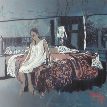Schilderij getiteld "Femme au bord du lit" door Laurence Fauchart, Origineel Kunstwerk, Marker Gemonteerd op Andere stijve p…