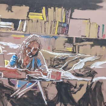 Painting titled "Au bureau" by Laurence Fauchart, Original Artwork, Marker Mounted on Other rigid panel