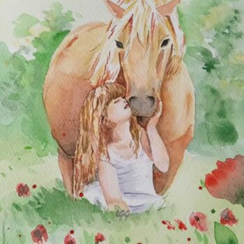 Painting titled "Bisous Poney" by Laurence Grard Guenard, Original Artwork, Watercolor