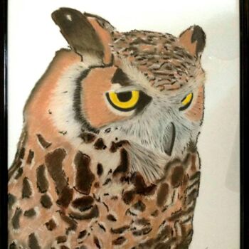Drawing titled "LE HIBOU" by Laurence Lbn, Original Artwork, Chalk Mounted on Wood Panel