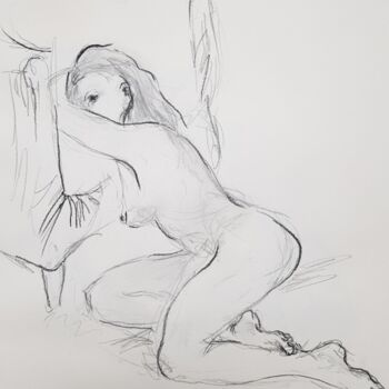 Drawing titled "Elle nous guette" by Laurence Machard Brujas, Original Artwork, Pencil