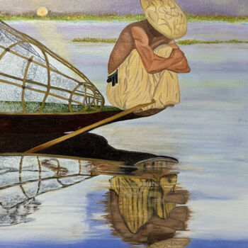 Malerei mit dem Titel "Le pêcheur du lac I…" von Laurence Oeillet, Original-Kunstwerk, Öl