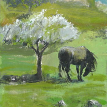 Картина под названием "BLACK HORSE & CHERR…" - Laurence Poitrin, Подлинное произведение искусства, Акрил Установлен на Дерев…