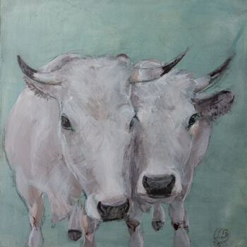 Painting titled "Deux Vaches Gasconn…" by Laurence Poitrin, Original Artwork, Acrylic Mounted on Wood Stretcher frame