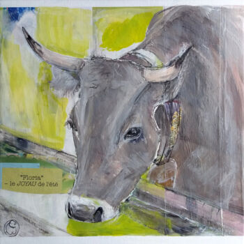 Painting titled "Floria, vache à l'a…" by Laurence Poitrin, Original Artwork, Acrylic Mounted on Wood Stretcher frame