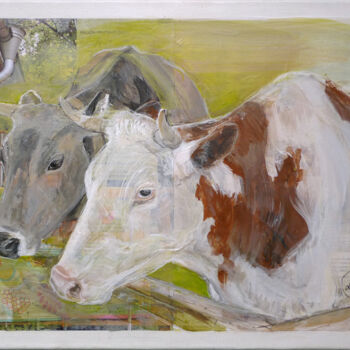 Painting titled "Deux vaches à l'abr…" by Laurence Poitrin, Original Artwork, Collages Mounted on Wood Stretcher frame