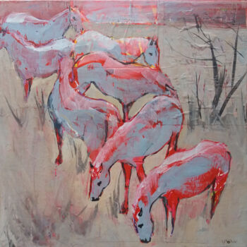 Painting titled "Juments en Camargue" by Laurence Poitrin, Original Artwork, Acrylic Mounted on Wood Stretcher frame
