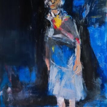 Painting titled "le tablier bleu" by Laurence Pustoc'H, Original Artwork, Oil Mounted on Wood Stretcher frame