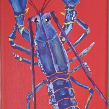 Painting titled "BLUE LOBSTER" by Laurent Arese, Original Artwork, Oil Mounted on Wood Stretcher frame