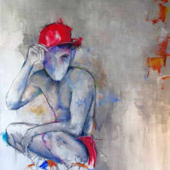Painting titled ""Casquette rouge"" by Laurent Bergues, Original Artwork, Acrylic Mounted on Wood Stretcher frame