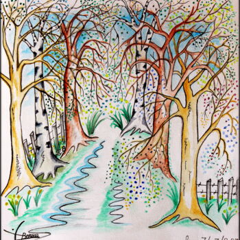 Картина под названием "SENTIER FORESTIER" - Laurent Boron, Подлинное произведение искусства, Акварель