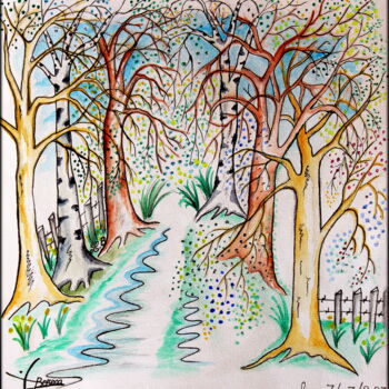 Painting titled "SENTIER FORESTIER" by Laurent Boron, Original Artwork, Watercolor