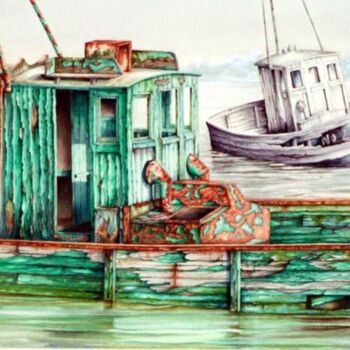 Schilderij getiteld "bateau vert" door Laurent Coquard, Origineel Kunstwerk