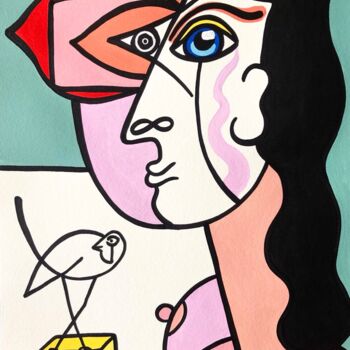 Painting titled "Femme et L’oiseau." by Laurent Folco, Original Artwork, Acrylic