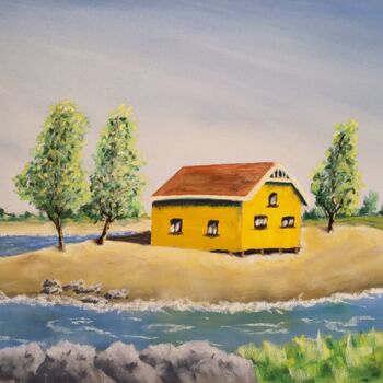 Dessin intitulée "La maison sur l’ile" par Laurent Lambert, Œuvre d'art originale, Pastel