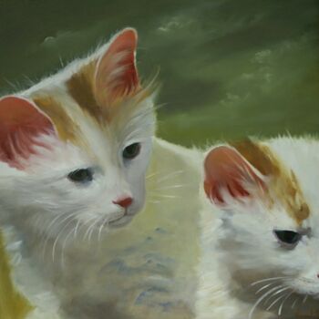 Peinture intitulée "Les deux chatons" par Laurent Maameri, Œuvre d'art originale, Huile Monté sur Châssis en bois