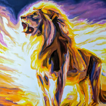 Painting titled "Le lion / the Lion" by Laurent Perazza, Original Artwork, Oil Mounted on Wood Stretcher frame