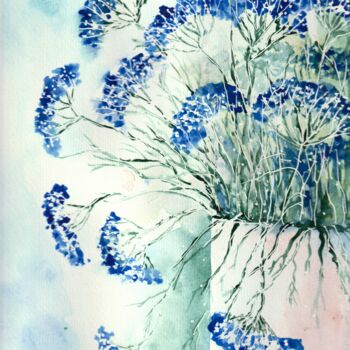 Malerei mit dem Titel "Bouquet bleu" von Laurent Senechau, Original-Kunstwerk, Aquarell