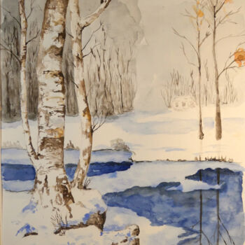 Painting titled "Bouleau en hivers" by Laurent Senechau, Original Artwork, Watercolor