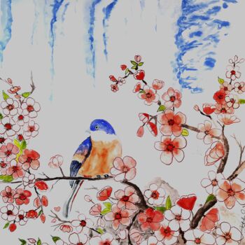 Pintura intitulada "Oiseau bleu au ceri…" por Laurent Senechau, Obras de arte originais, Aquarela