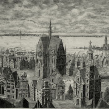 Druckgrafik mit dem Titel "ville hollandaise" von Laurent De Troïl, Original-Kunstwerk, Radierung