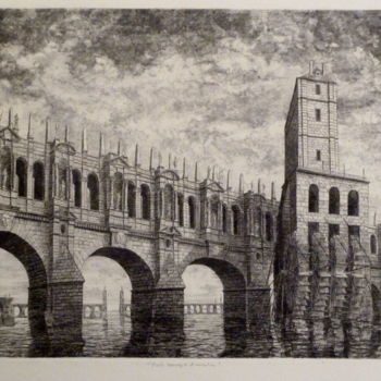 Gravures & estampes intitulée "Pont et moulins" par Laurent De Troïl, Œuvre d'art originale, Eau-forte