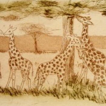 Gravures & estampes intitulée "Les girafes-1" par Laurent Robert, Œuvre d'art originale, Gravure