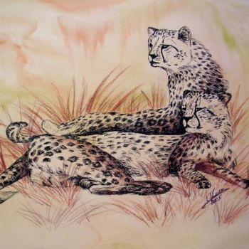 Dessin intitulée "guépards" par Laure Vieusse, Œuvre d'art originale, Aquarelle