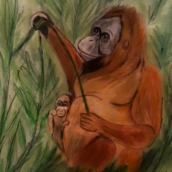 Zeichnungen mit dem Titel "Orang Utan Mama" von Sigrid Helmlinger, Original-Kunstwerk, Kreide