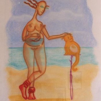 Peinture intitulée "Femme et chat" par Niute, Œuvre d'art originale