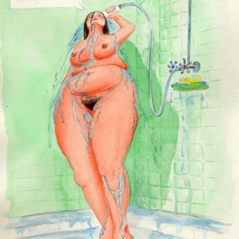 Painting titled "Brenda under shower" by Lawrence, Original Artwork, Watercolor