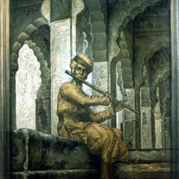 Painting titled "Whistling Piccolo" by Laxman Kumar Artist Delhi, Original Artwork, Oil