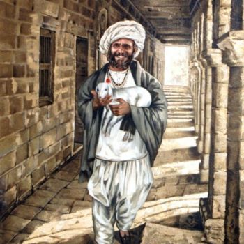 Painting titled "Rajasthani Man with…" by Laxman Kumar Artist Delhi, Original Artwork, Oil