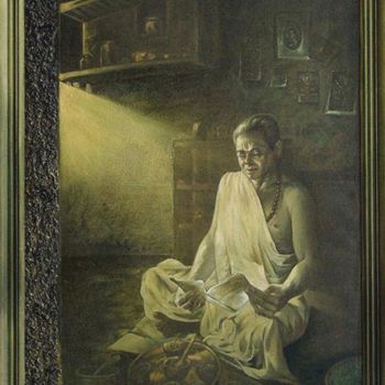 Schilderij getiteld "Priest's Morning" door Laxman Kumar Artist Delhi, Origineel Kunstwerk, Olie