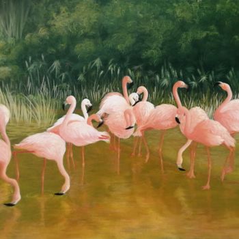 Malarstwo zatytułowany „Flamingo in Barcelo…” autorstwa Liliana Lazar, Oryginalna praca, Olej Zamontowany na Drewniana rama…