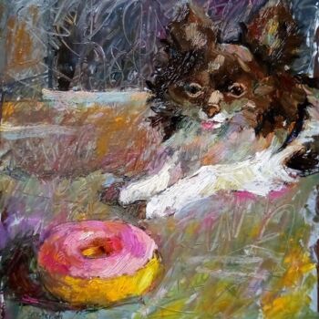 Painting titled "Chihuahua with donut" by Valerie Lazareva, Original Artwork, Oil