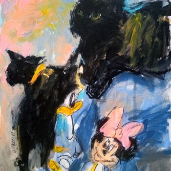 Painting titled "Black Cat & Minnie…" by Valerie Lazareva, Original Artwork, Acrylic