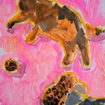 Painting titled "Tiger cat on a pink…" by Valerie Lazareva, Original Artwork, Acrylic