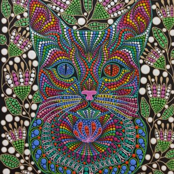 Malarstwo zatytułowany „Cat” autorstwa Oxana Lazari, Oryginalna praca, Akryl Zamontowany na Drewniana rama noszy
