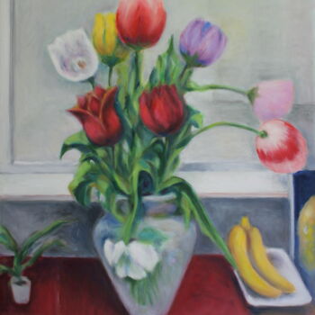 Painting titled "Les tulipes" by Lazzate Maral, Original Artwork, Oil Mounted on Wood Stretcher frame
