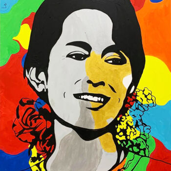 Pintura titulada "AUNG SAN SUU KYI" por Le Closier, Obra de arte original, Acrílico Montado en Bastidor de camilla de madera