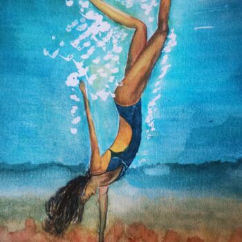 Peinture intitulée "La plongeuse" par Lê Thi Mai, Œuvre d'art originale, Aquarelle