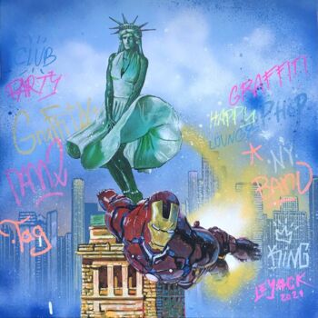 Painting titled "Iron Liberty - urba…" by Le Yack, Original Artwork, Spray paint Mounted on Wood Stretcher frame