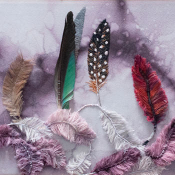 Painting titled "Plumes de marbre" by Léa Coutureau, Original Artwork, Embroidery Mounted on Wood Stretcher frame