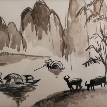 Drawing titled "Paysages d'Asie" by Léa Monchy, Original Artwork, Ink