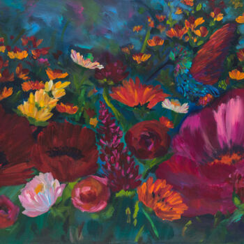 Pittura intitolato "Hummingbird in Spri…" da Leah Marie Goddard, Opera d'arte originale, Acrilico Montato su Telaio per bare…