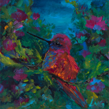 Painting titled "Cubby Hummingbird" by Leah Marie Goddard, Original Artwork, Acrylic Mounted on Wood Stretcher frame